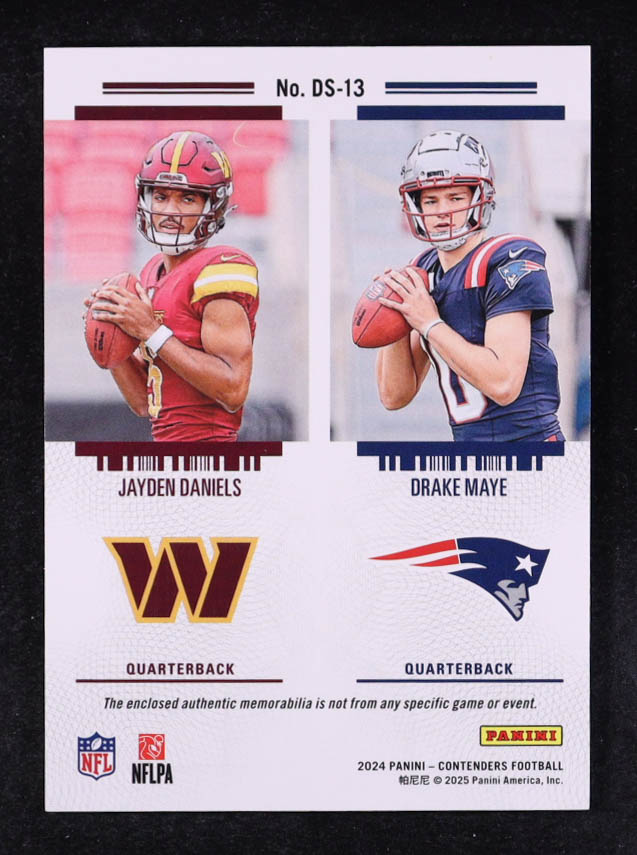Drake Maye / Jayden Daniels 2024 Panini Contenders Rookie Ticket Dual Swatches #13 RC at PristineAuction.com Drake Maye / Jayden Daniels 2024 Panini Contenders Rookie Ticket Dual Swatches #13 RC at PristineAuction.com