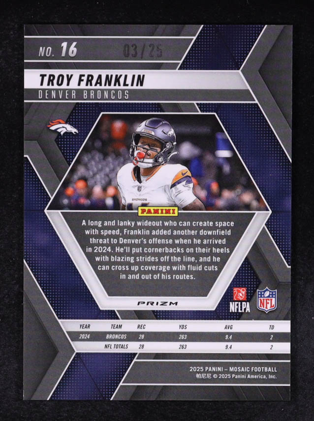 Troy Franklin 2025 Panini Mosaic Mosaic White #16 #3/25 at PristineAuction.com Troy Franklin 2025 Panini Mosaic Mosaic White #16 #3/25 at PristineAuction.com