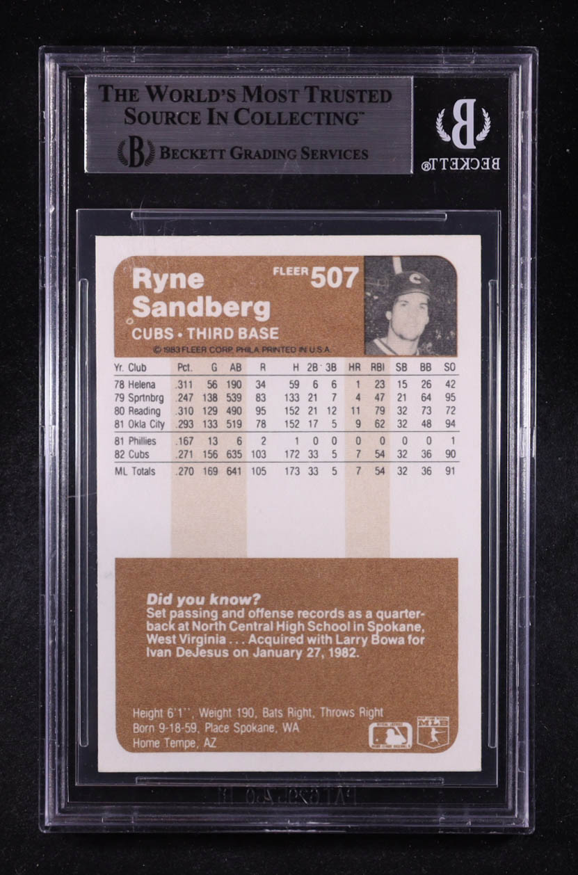 Ryne Sandberg Signed 1983 Fleer #507 RC (BGS) at PristineAuction.com Ryne Sandberg Signed 1983 Fleer #507 RC (BGS) at PristineAuction.com