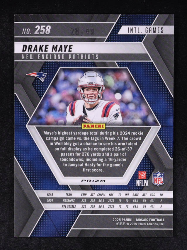 Drake Maye 2025 Panini Mosaic Mosaic Purple #258 #28/49 IG at PristineAuction.com Drake Maye 2025 Panini Mosaic Mosaic Purple #258 #28/49 IG at PristineAuction.com