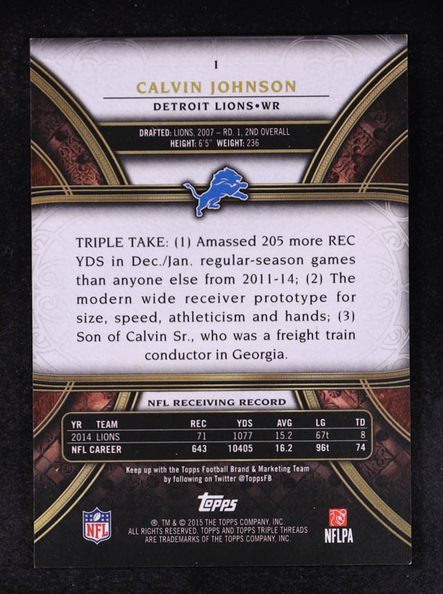 Calvin Johnson 2015 Topps Triple Threads Gold #1 #06/99 at PristineAuction.com Calvin Johnson 2015 Topps Triple Threads Gold #1 #06/99 at PristineAuction.com