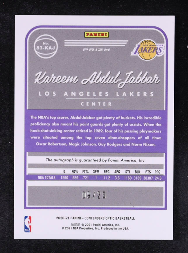 Kareem Abdul-Jabbar 2020-21 Panini Contenders Optic '83 Tribute Autographs Blue #3 #09/20 at PristineAuction.com Kareem Abdul-Jabbar 2020-21 Panini Contenders Optic '83 Tribute Autographs Blue #3 #09/20 at PristineAuction.com