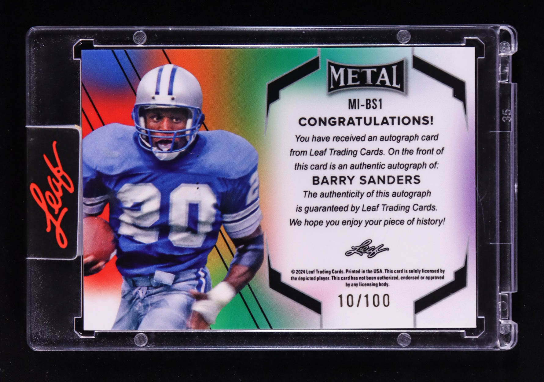 Barry Sanders 2024 Leaf Metal Inscriptions Prismatic Red #MIBS1 #010/100 at PristineAuction.com Barry Sanders 2024 Leaf Metal Inscriptions Prismatic Red #MIBS1 #010/100 at PristineAuction.com