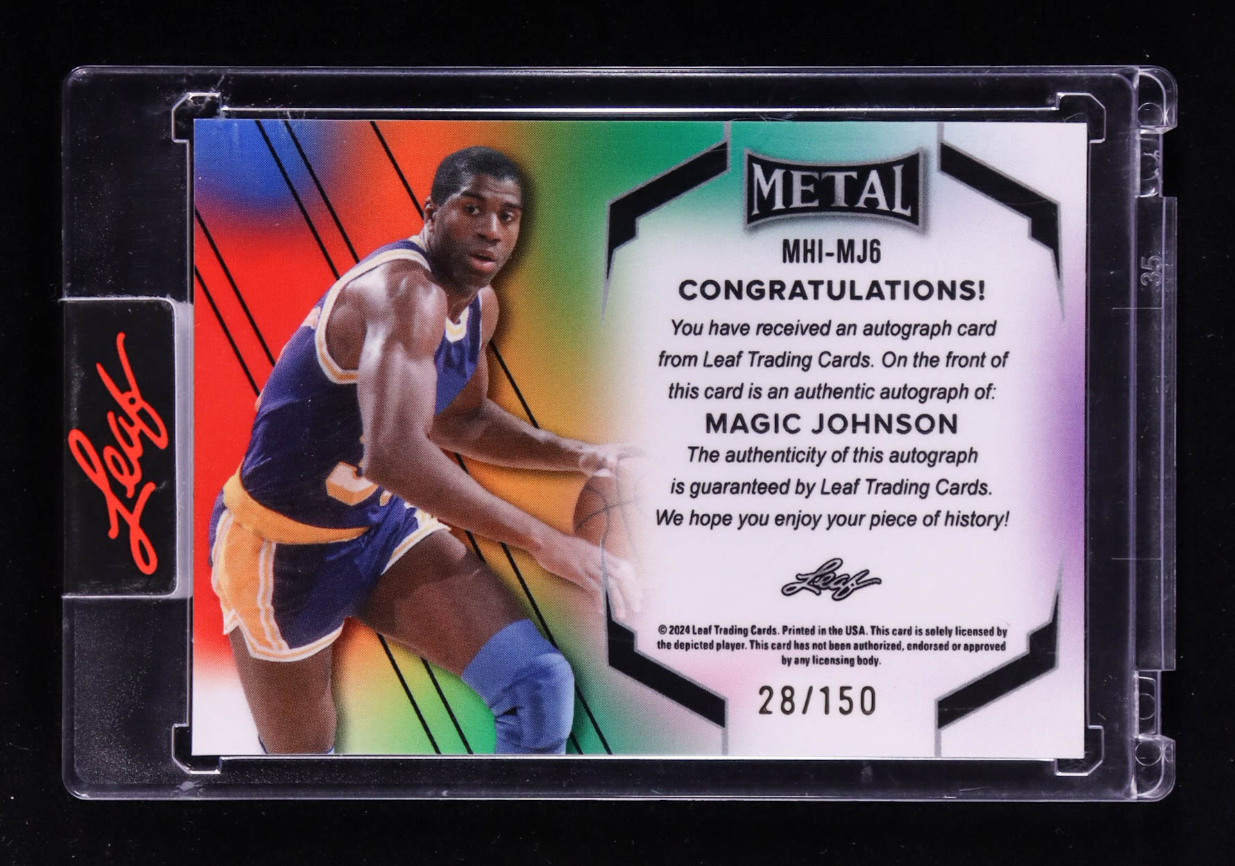 Magic Johnson 2024 Leaf Metal Inscriptions Prismatic Green #MHIMJ6 #028/150 at PristineAuction.com Magic Johnson 2024 Leaf Metal Inscriptions Prismatic Green #MHIMJ6 #028/150 at PristineAuction.com