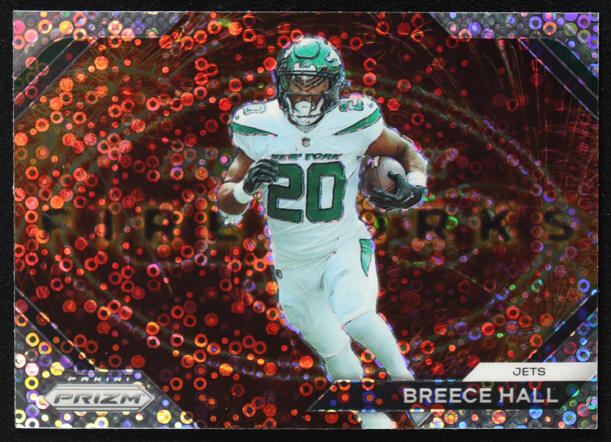 Breece Hall 2023 Panini Prizm Fireworks Prizms No Huddle #19 at PristineAuction.com Breece Hall 2023 Panini Prizm Fireworks Prizms No Huddle #19 at PristineAuction.com
