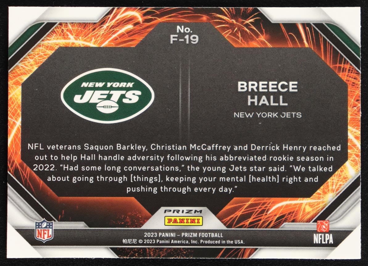 Breece Hall 2023 Panini Prizm Fireworks Prizms No Huddle #19 at PristineAuction.com Breece Hall 2023 Panini Prizm Fireworks Prizms No Huddle #19 at PristineAuction.com