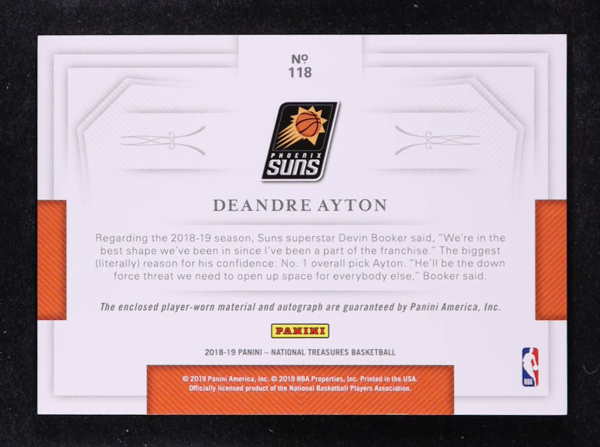 Deandre Ayton 2018-19 Panini National Treasures Rookie Patch Autographs Horizontal #118 #33/49 RC at PristineAuction.com Deandre Ayton 2018-19 Panini National Treasures Rookie Patch Autographs Horizontal #118 #33/49 RC at PristineAuction.com