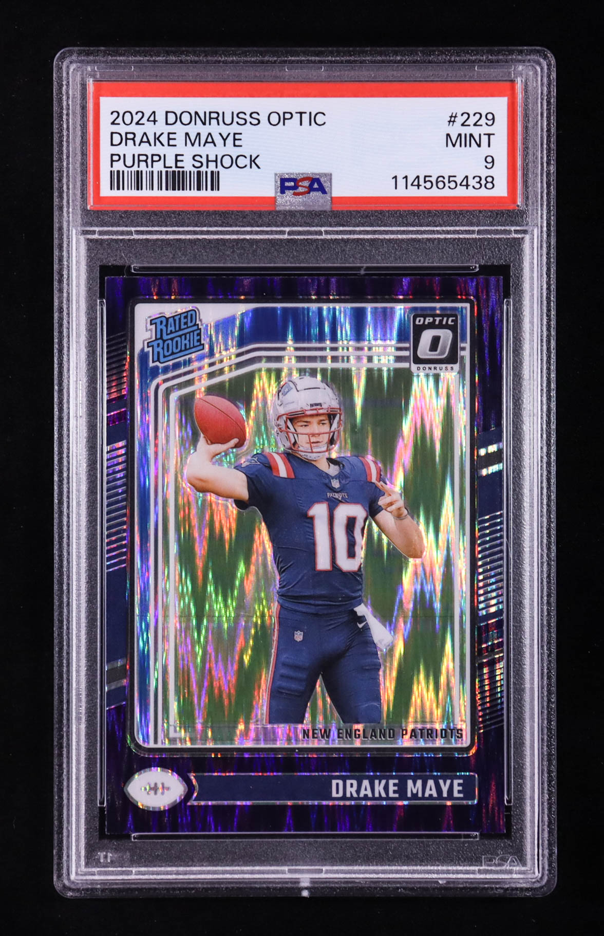 Drake Maye 2024 Donruss Optic Purple Shock #229 RR RC (PSA 9) at PristineAuction.com Drake Maye 2024 Donruss Optic Purple Shock #229 RR RC (PSA 9) at PristineAuction.com