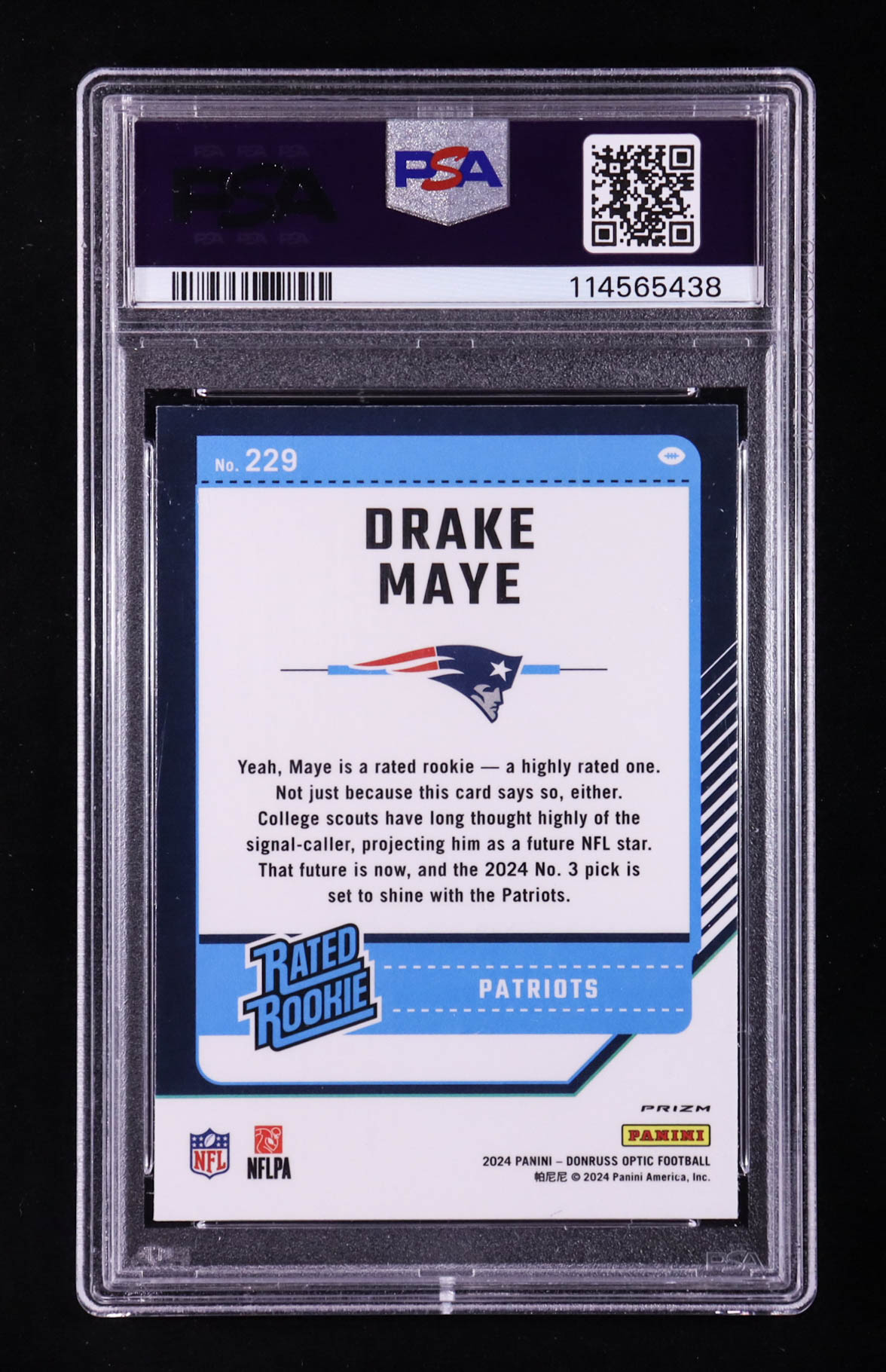 Drake Maye 2024 Donruss Optic Purple Shock #229 RR RC (PSA 9) at PristineAuction.com Drake Maye 2024 Donruss Optic Purple Shock #229 RR RC (PSA 9) at PristineAuction.com
