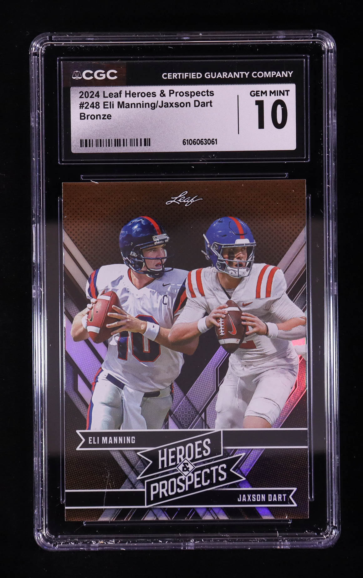 Eli Manning / Jaxson Dart RC 2024 Leaf Heroes and Prospects #248 (CGC 10) at PristineAuction.com Eli Manning / Jaxson Dart RC 2024 Leaf Heroes and Prospects #248 (CGC 10) at PristineAuction.com