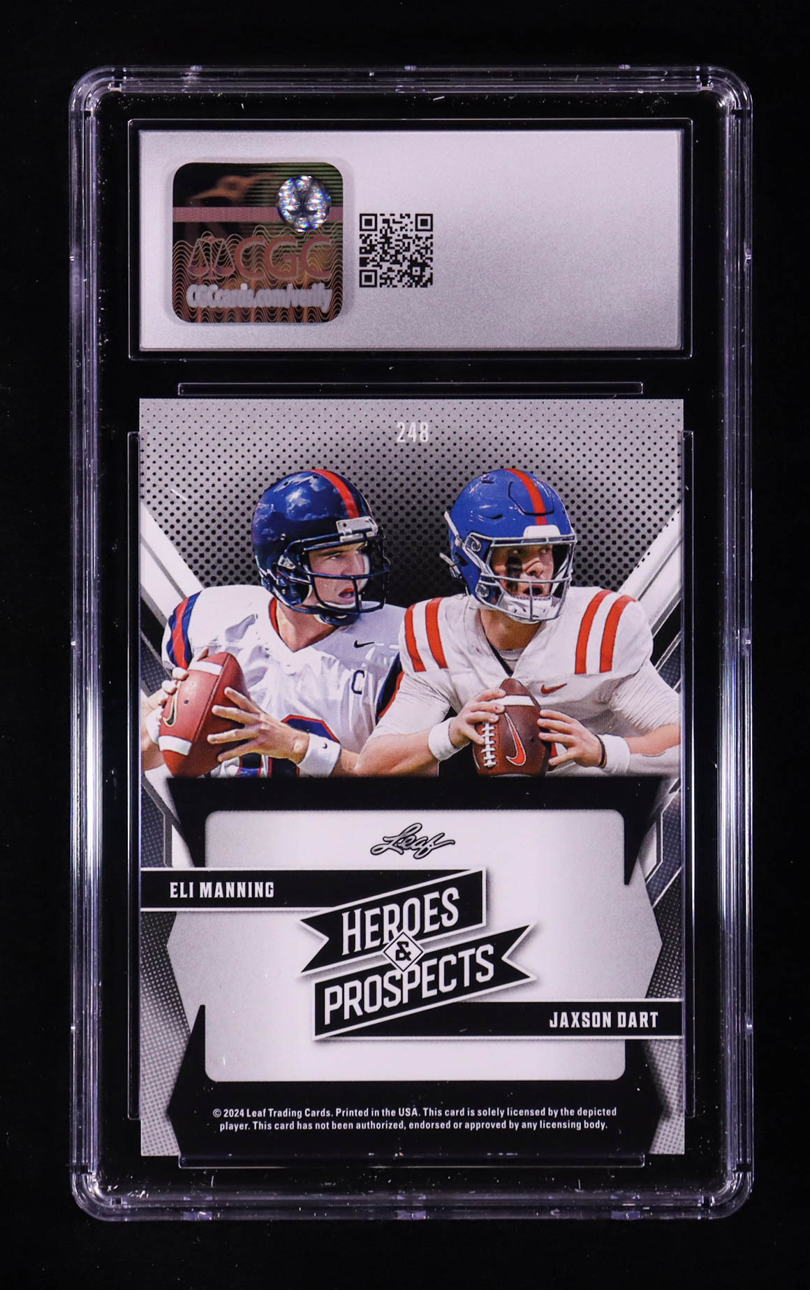 Eli Manning / Jaxson Dart RC 2024 Leaf Heroes and Prospects #248 (CGC 10) at PristineAuction.com Eli Manning / Jaxson Dart RC 2024 Leaf Heroes and Prospects #248 (CGC 10) at PristineAuction.com