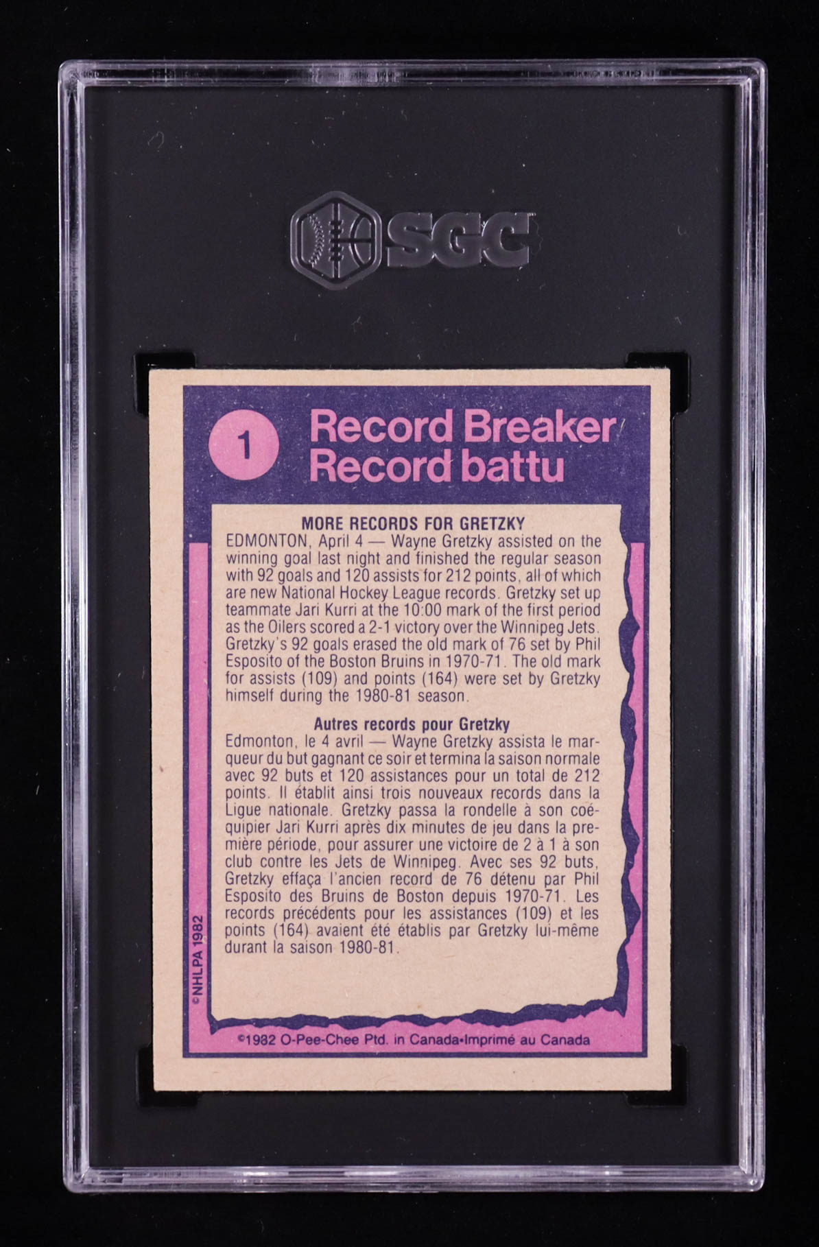 Wayne Gretzky 1982-83 O-Pee-Chee #1 HL (SGC 6) at PristineAuction.com Wayne Gretzky 1982-83 O-Pee-Chee #1 HL (SGC 6) at PristineAuction.com
