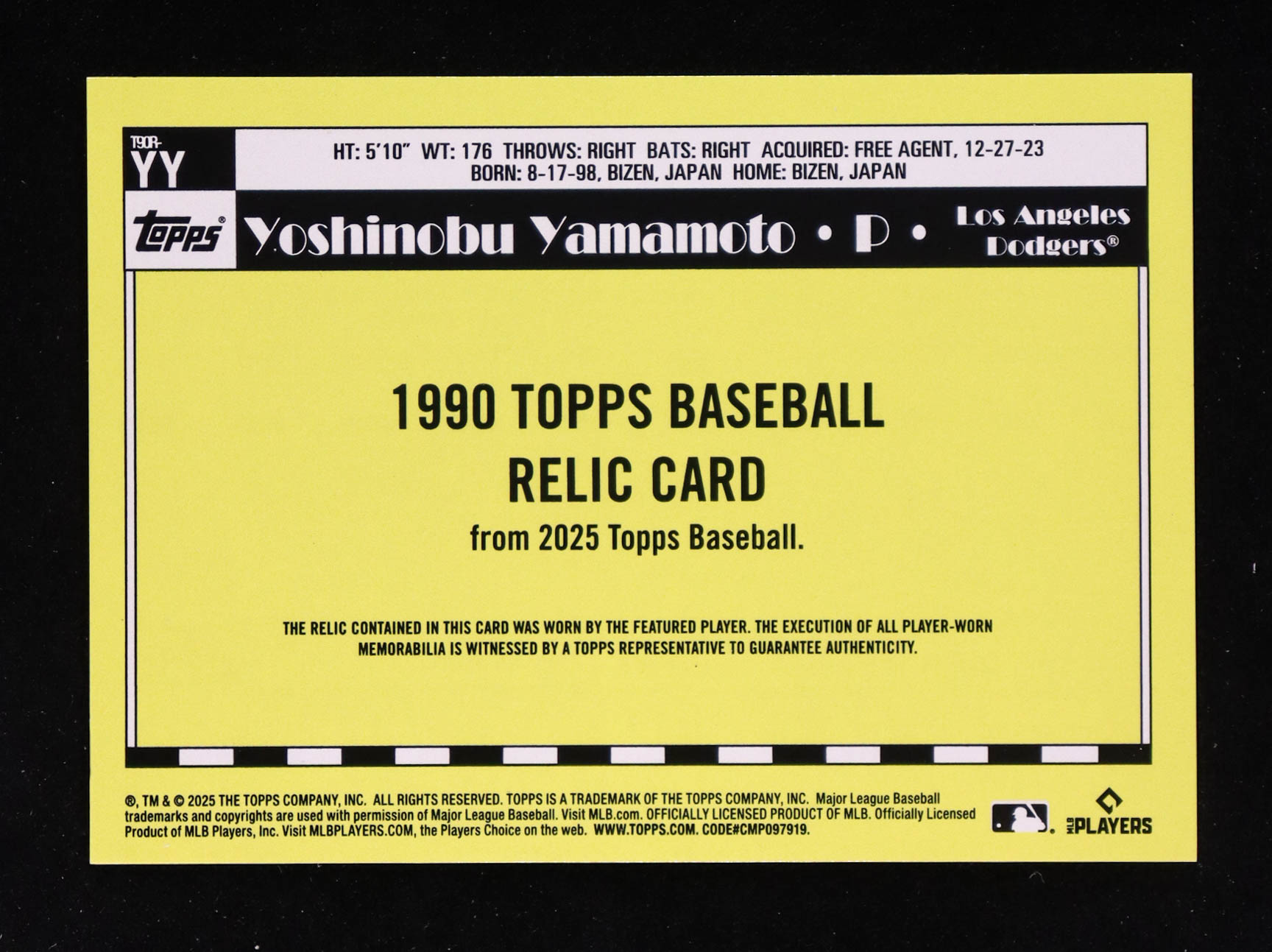 Yoshinobu Yamamoto 2025 Topps '90 Topps Relics #T90RYY at PristineAuction.com Yoshinobu Yamamoto 2025 Topps '90 Topps Relics #T90RYY at PristineAuction.com