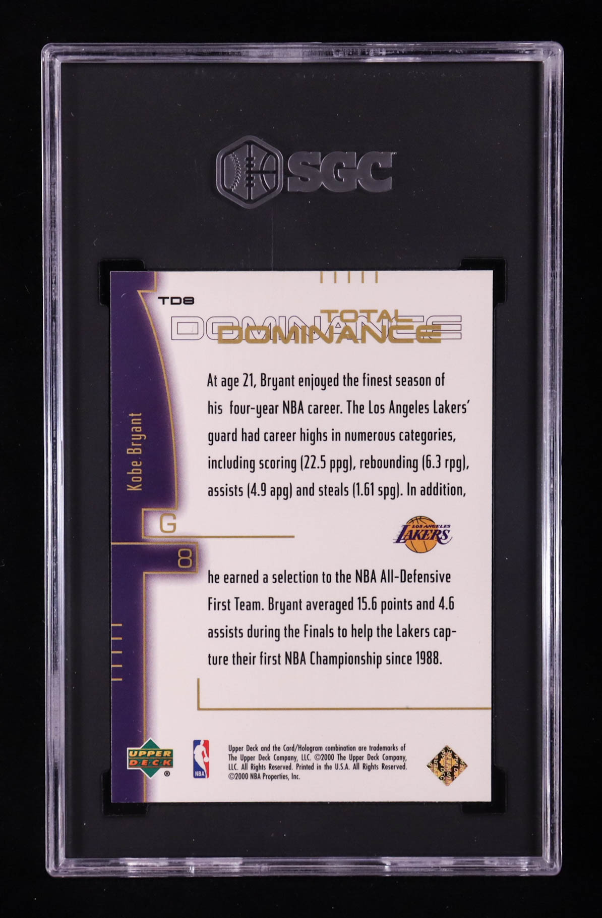 Kobe Bryant 2000-01 Upper Deck Total Dominance #TD8 (SGC 9.5) at PristineAuction.com Kobe Bryant 2000-01 Upper Deck Total Dominance #TD8 (SGC 9.5) at PristineAuction.com