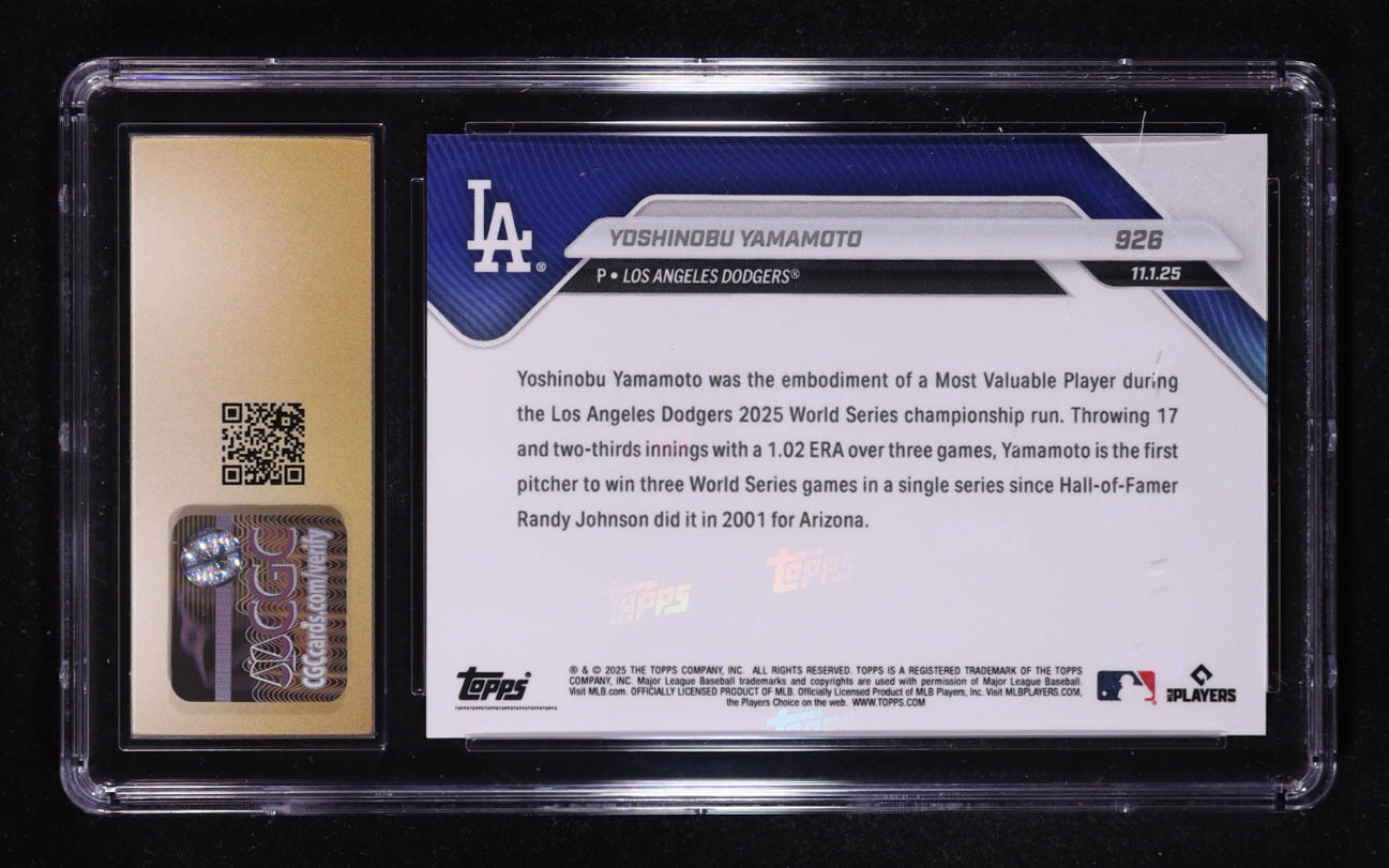 Yoshinobu Yamamoto 2025 Topps Now #926 (CGC 10 | Pristine Black Label) at PristineAuction.com Yoshinobu Yamamoto 2025 Topps Now #926 (CGC 10 | Pristine Black Label) at PristineAuction.com