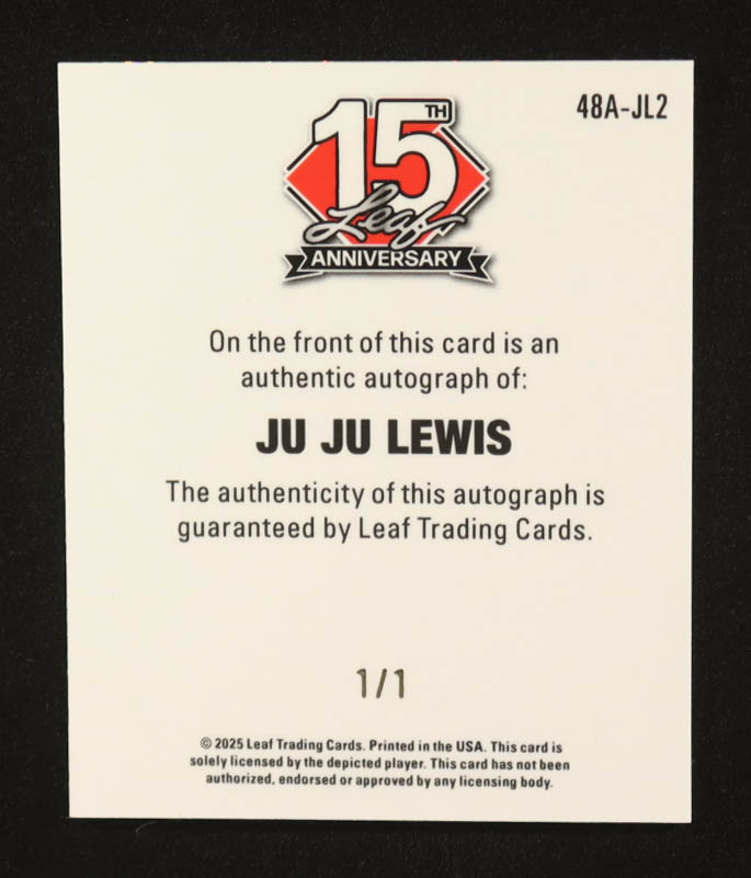 Ju Ju Lewis 2025 Leaf National 15th Anniversary 1990 Retro Purple Sparkle Auto #48A-JL2 RC #1/1 at PristineAuction.com Ju Ju Lewis 2025 Leaf National 15th Anniversary 1990 Retro Purple Sparkle Auto #48A-JL2 RC #1/1 at PristineAuction.com