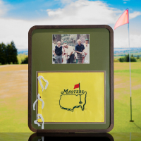 Arnold Palmer, Jack Nicklaus & Greg Norman Signed Custom Framed Photo Display with Masters Pin Flag (JSA) at PristineAuction.com