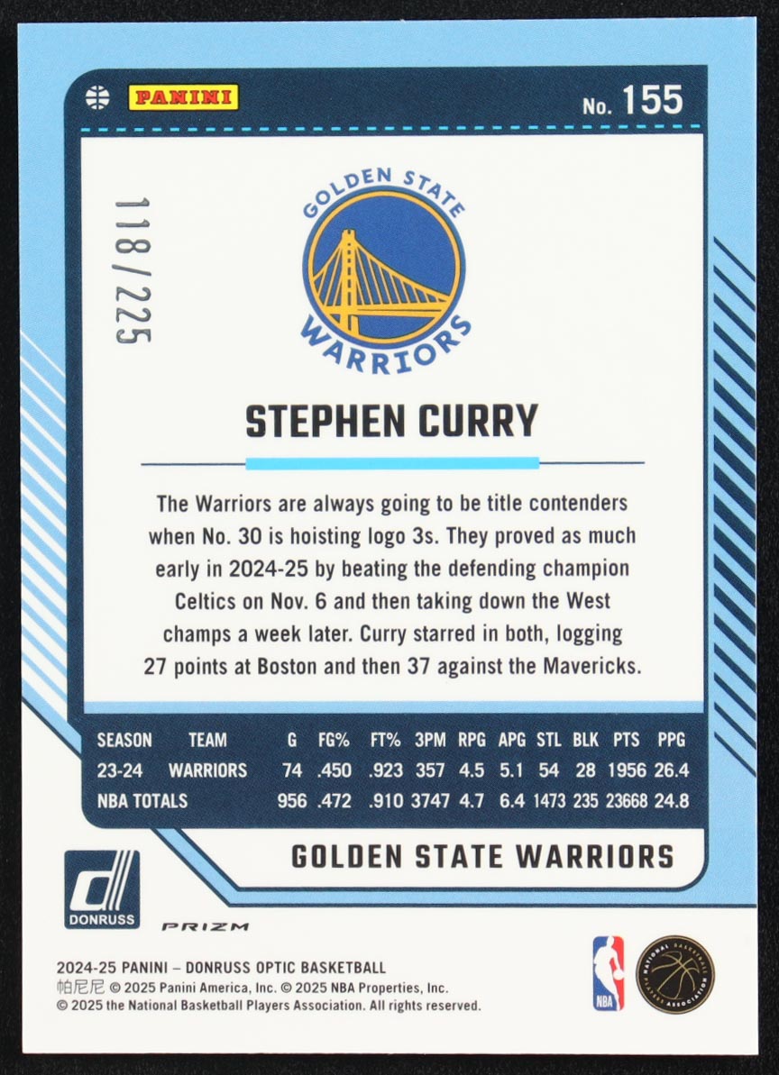 Stephen Curry 2024-25 Donruss Optic Orange Shock #155 #118/225 at PristineAuction.com Stephen Curry 2024-25 Donruss Optic Orange Shock #155 #118/225 at PristineAuction.com