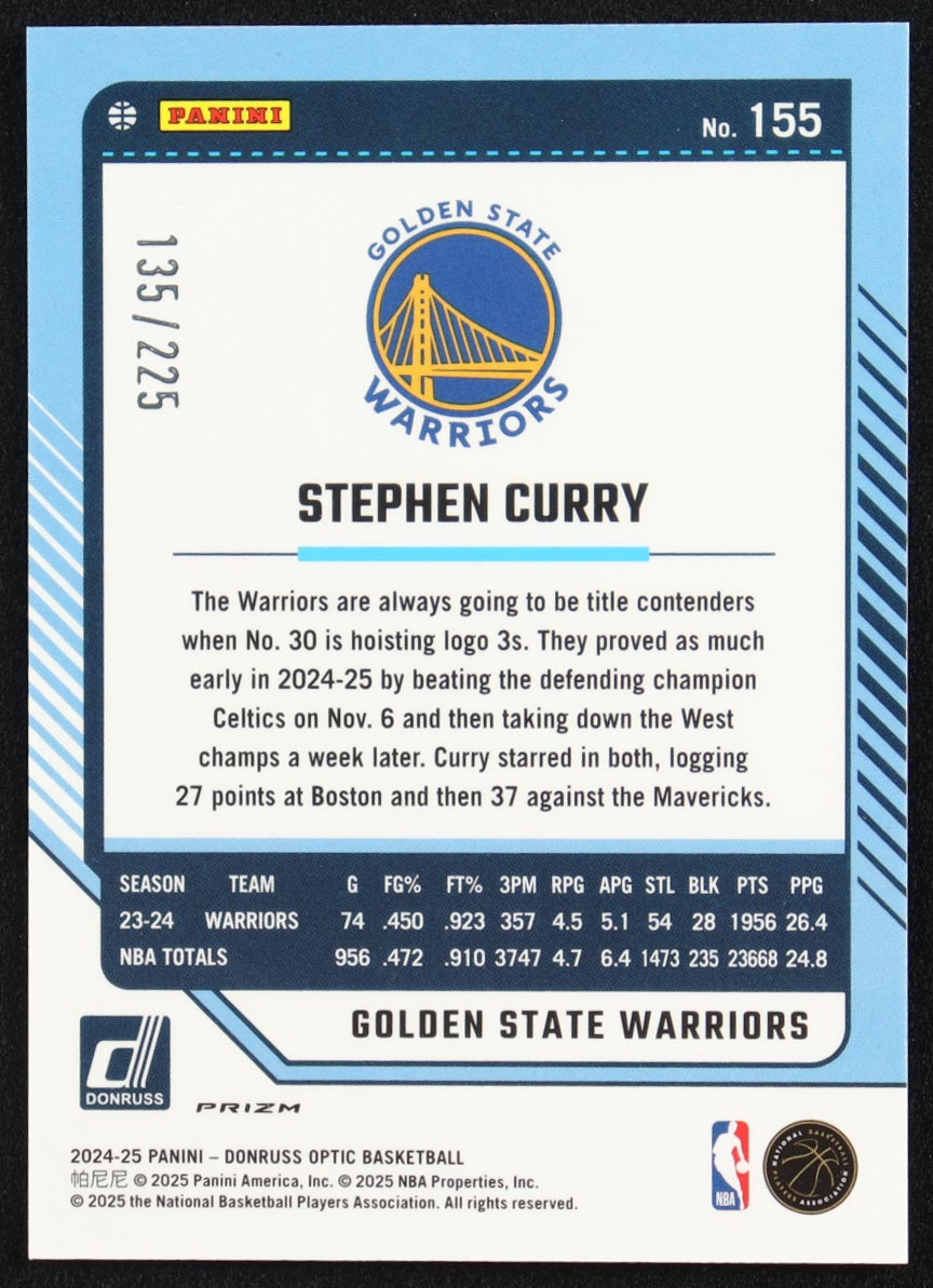Stephen Curry 2024-25 Donruss Optic Orange Shock #155 #135/225 at PristineAuction.com Stephen Curry 2024-25 Donruss Optic Orange Shock #155 #135/225 at PristineAuction.com