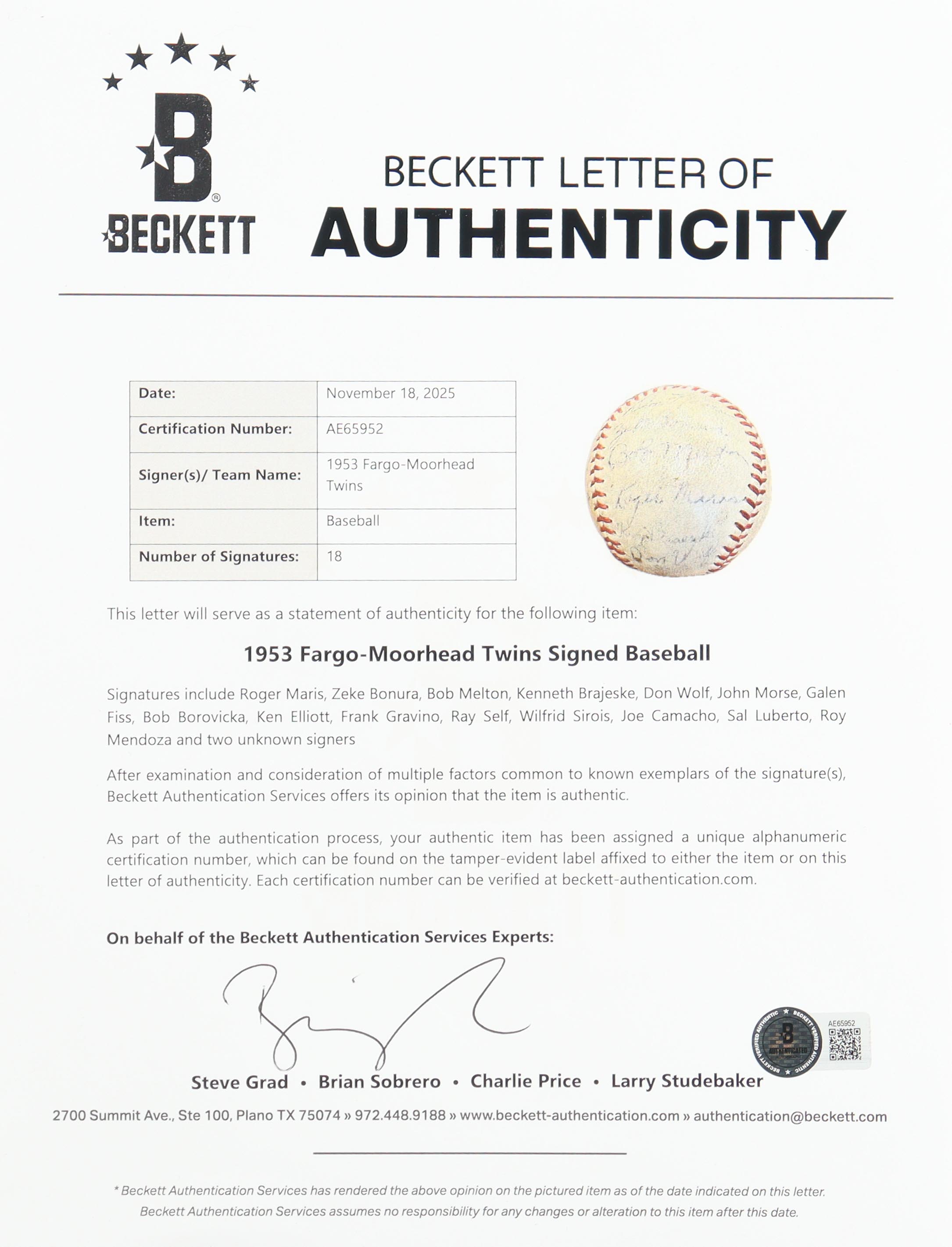 Roger Maris | 1953 Fargo-Moorhead Twins Baseball Team-Signed By (18) (Beckett) at PristineAuction.com Roger Maris | 1953 Fargo-Moorhead Twins Baseball Team-Signed By (18) (Beckett) at PristineAuction.com