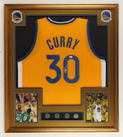 Stephen Curry Signed Custom Framed Jersey Display with (4) Finals Pins (JSA) at PristineAuction.com
