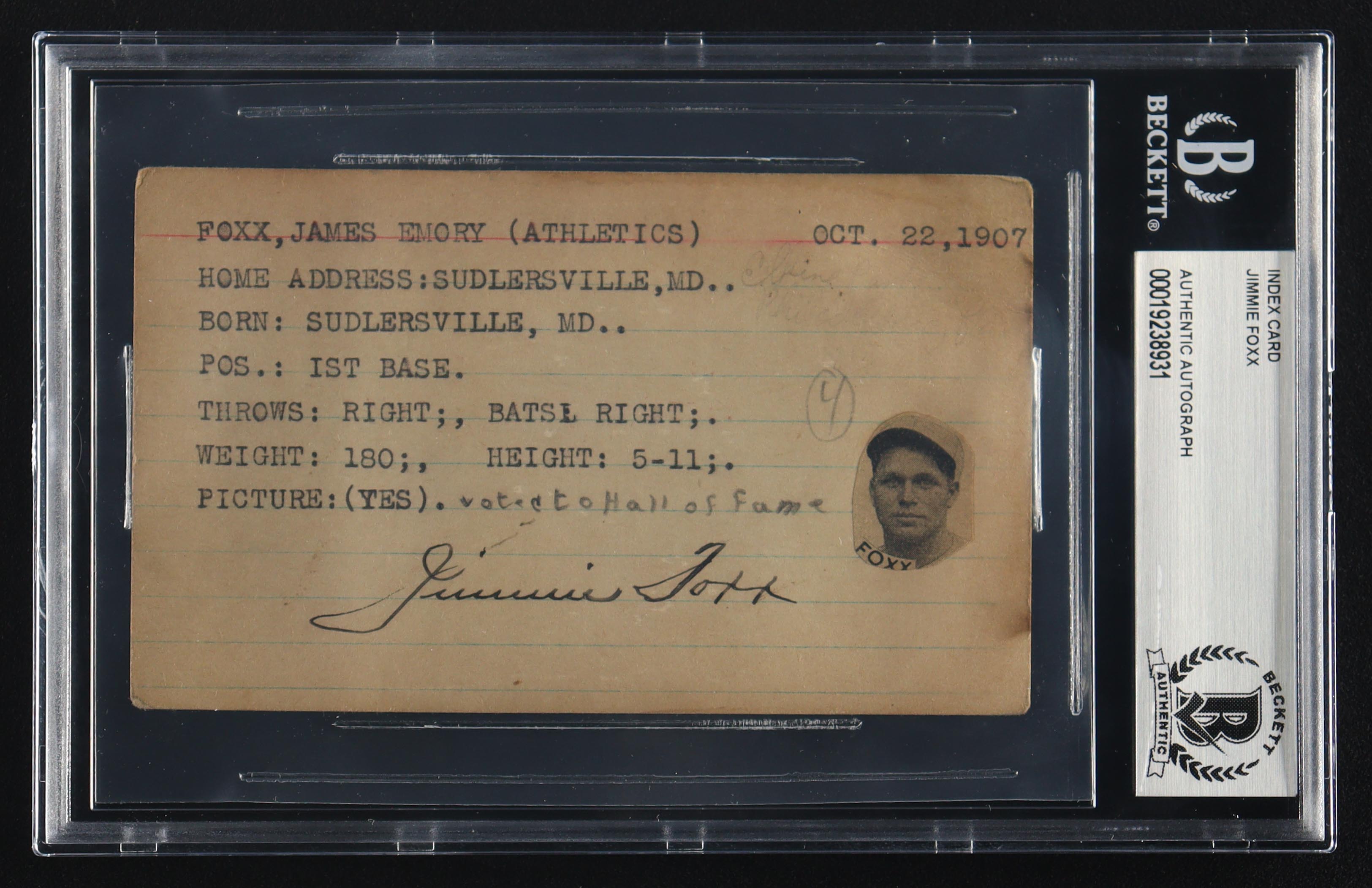 Jimmie Foxx Signed Vintage 3x5 Index Card (BGS) at PristineAuction.com Jimmie Foxx Signed Vintage 3x5 Index Card (BGS) at PristineAuction.com