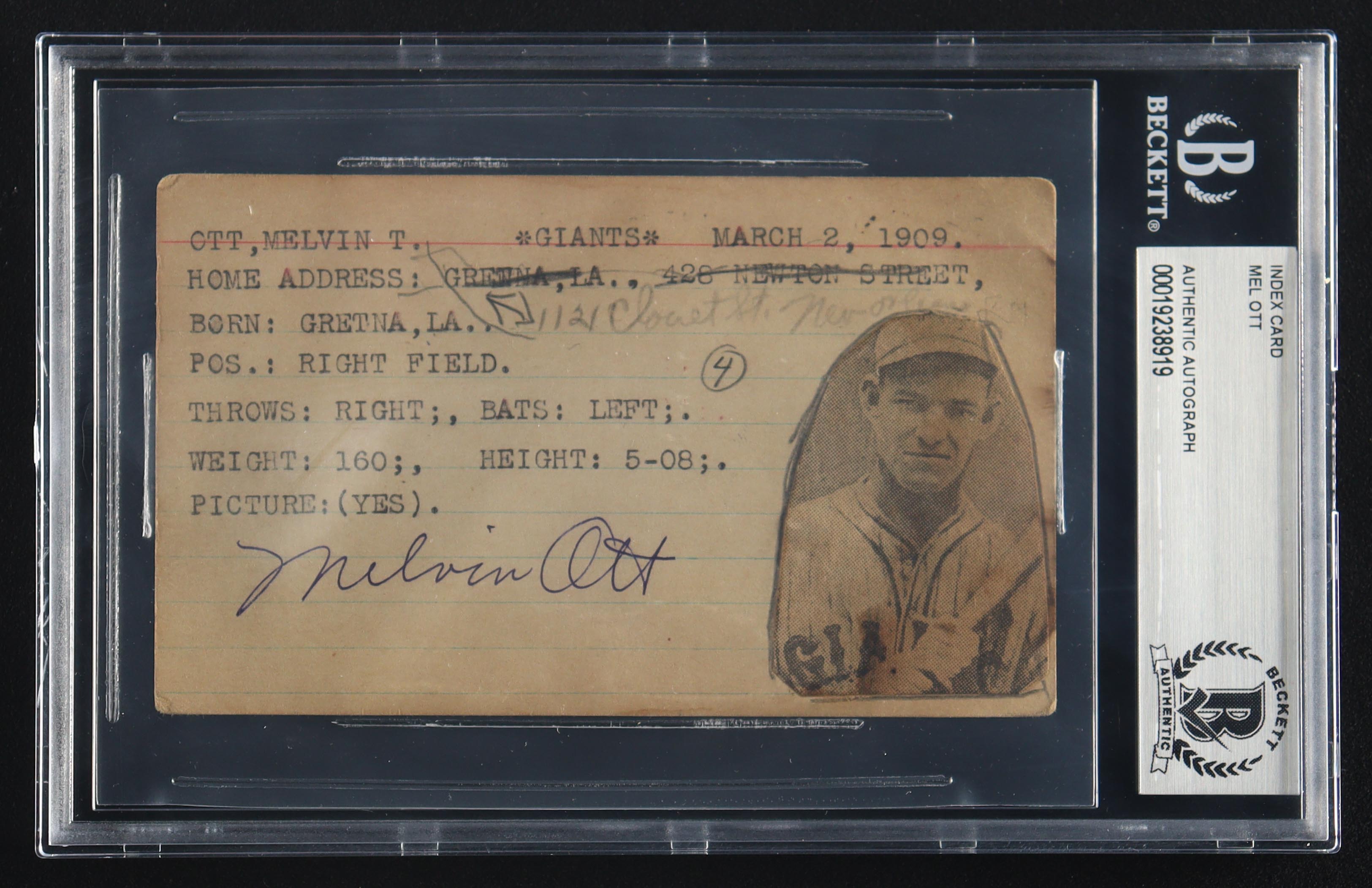 Mel Ott Signed Vintage 3x5 Index Card (BGS) at PristineAuction.com Mel Ott Signed Vintage 3x5 Index Card (BGS) at PristineAuction.com