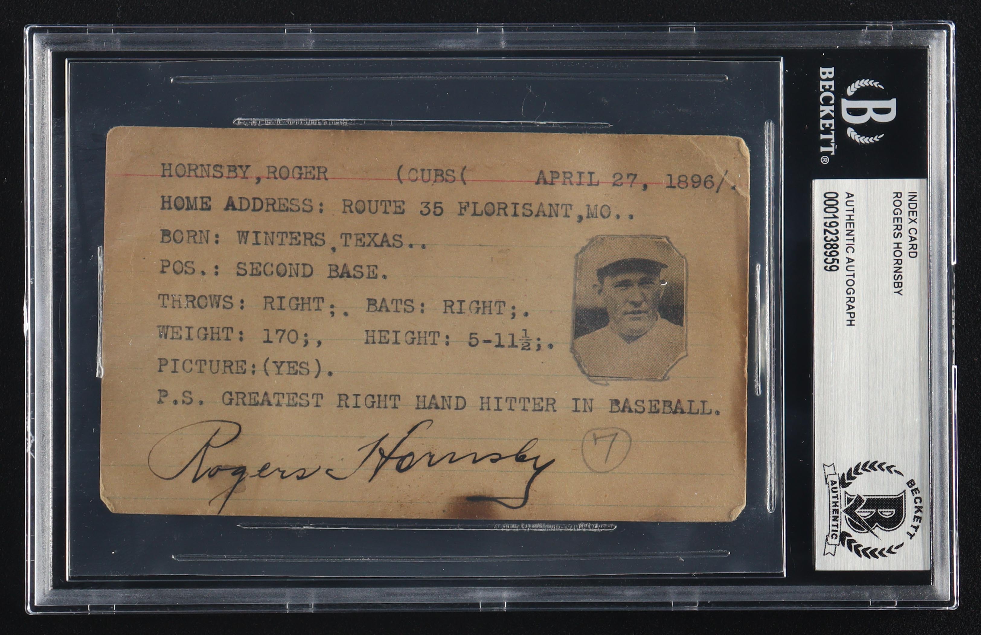 Rogers Hornsby Signed Vintage 3x5 Index Card (BGS) at PristineAuction.com Rogers Hornsby Signed Vintage 3x5 Index Card (BGS) at PristineAuction.com