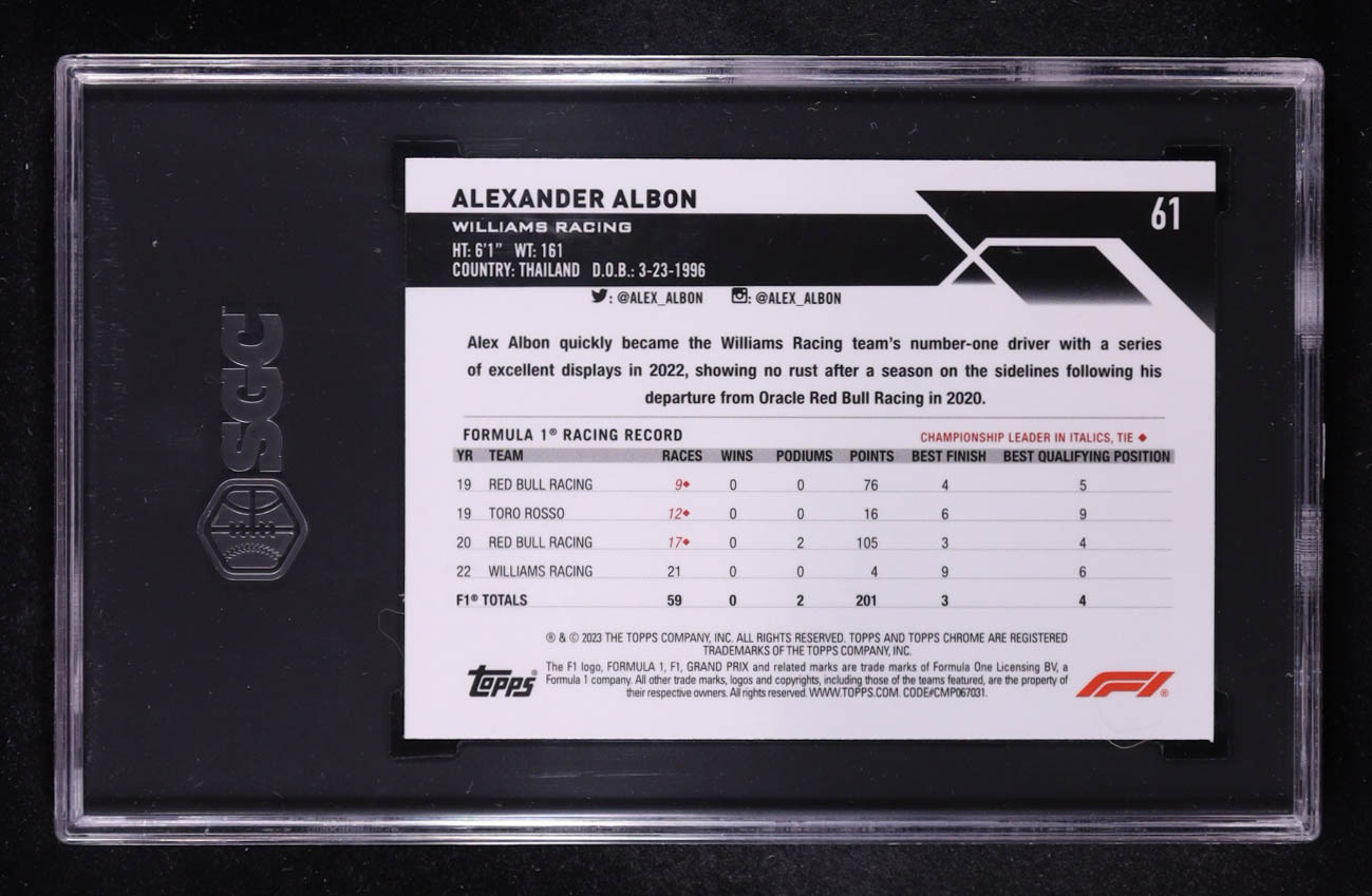 Alexander Albon 2023 Topps Chrome Formula 1 Checker Flag Refractor #61 (SGC 10) at PristineAuction.com Alexander Albon 2023 Topps Chrome Formula 1 Checker Flag Refractor #61 (SGC 10) at PristineAuction.com