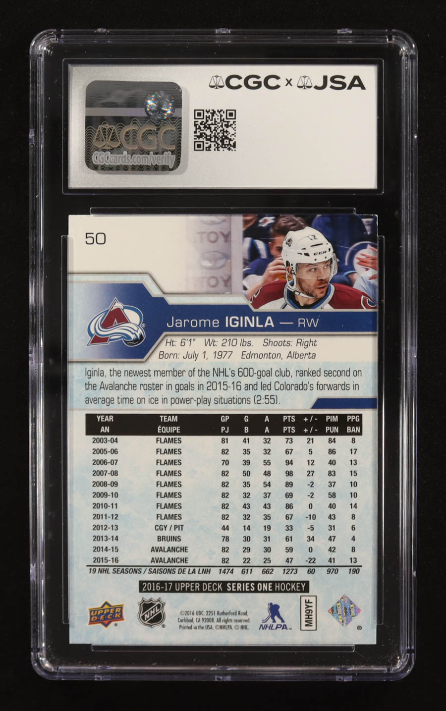 Jarome Iginla Signed 2016-17 Upper Deck #50 (CGC Encapsulated) at PristineAuction.com Jarome Iginla Signed 2016-17 Upper Deck #50 (CGC Encapsulated) at PristineAuction.com