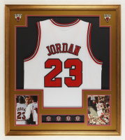 Michael Jordan Custom Framed Jersey Display With (4) Championship Pins at PristineAuction.com