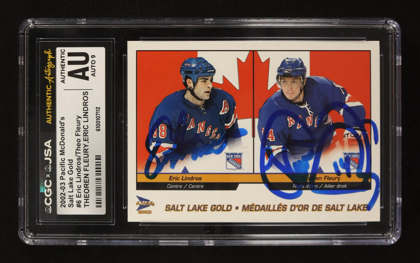 Eric Lindros & Theo Fleury Signed 2002-03 McDonald's Pacific Salt Lake Gold #6 (CGC Encapsulated) at PristineAuction.com Eric Lindros & Theo Fleury Signed 2002-03 McDonald's Pacific Salt Lake Gold #6 (CGC Encapsulated) at PristineAuction.com