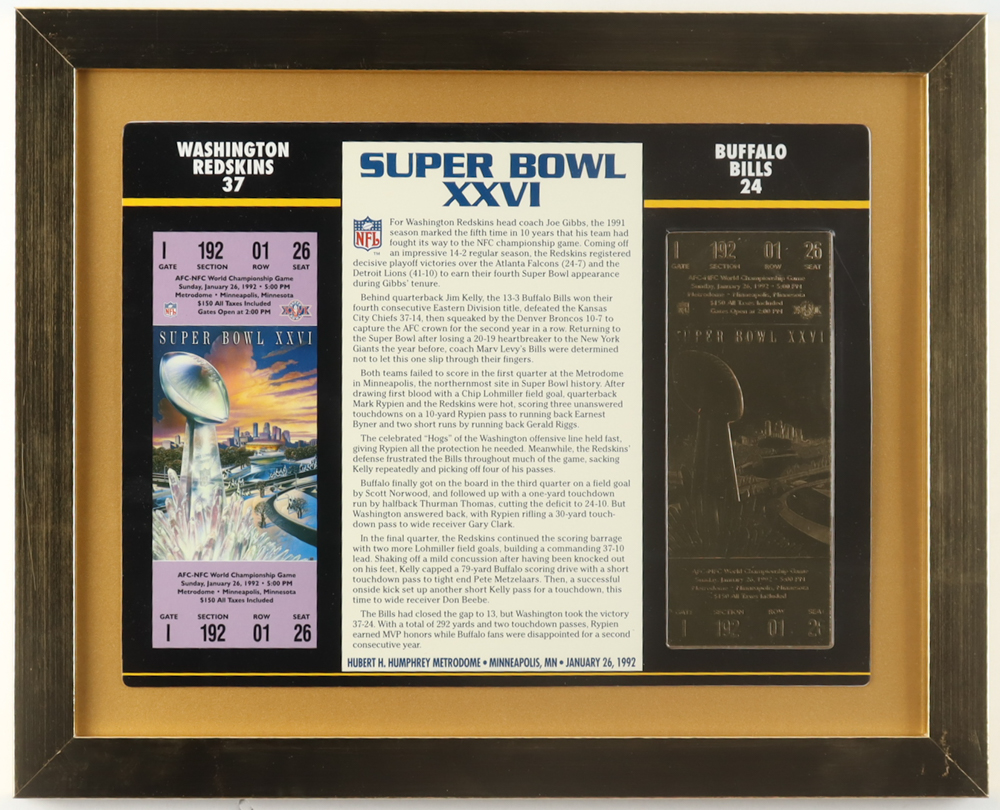 Super Bowl XXVI Commemorative Score Card with 23KT Gold Ticket Framed Display at PristineAuction.com Super Bowl XXVI Commemorative Score Card with 23KT Gold Ticket Framed Display at PristineAuction.com