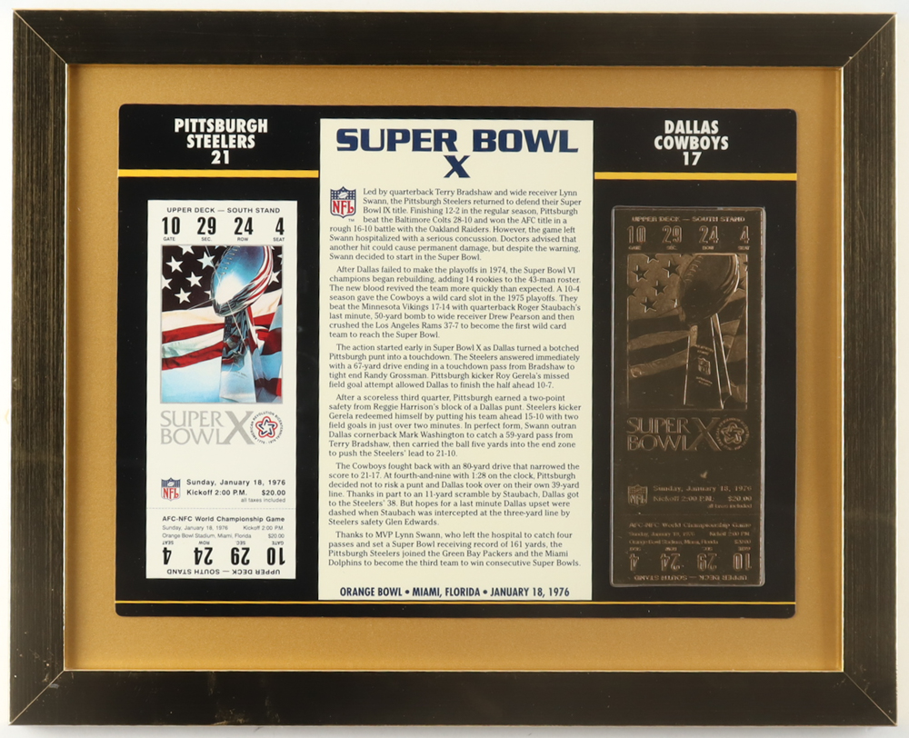 Super Bowl X Commemorative Score Card with 23KT Gold Ticket Framed Display at PristineAuction.com Super Bowl X Commemorative Score Card with 23KT Gold Ticket Framed Display at PristineAuction.com