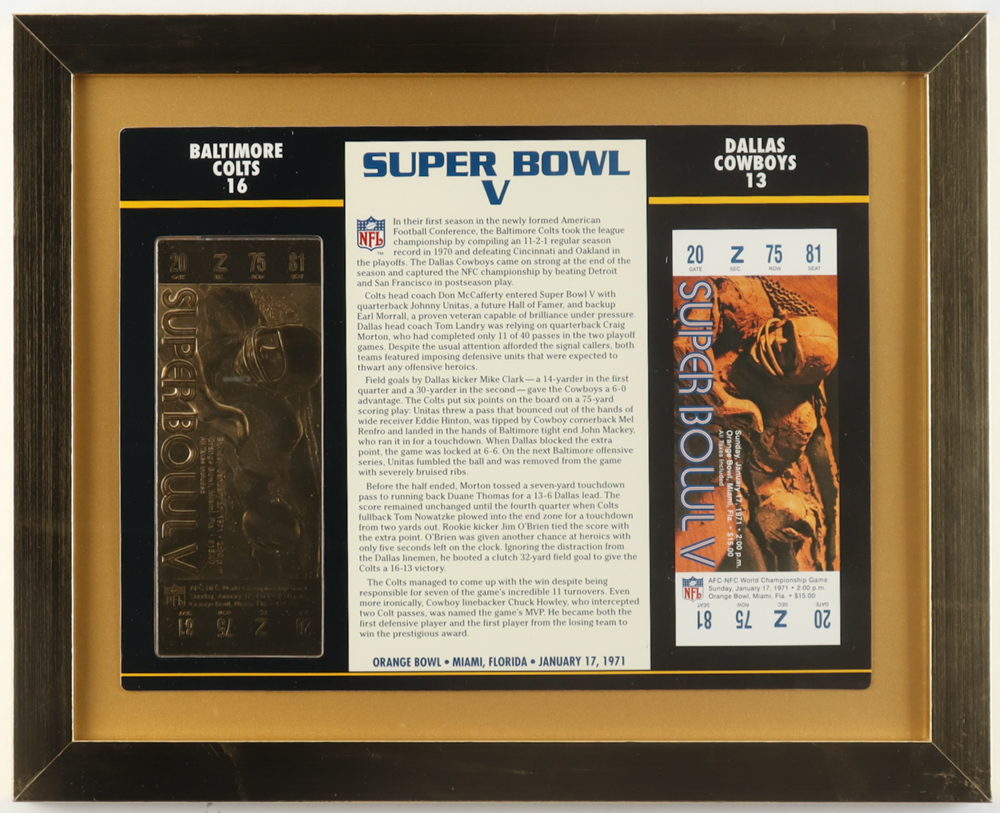 Super Bowl V Commemorative Score Card with 23KT Gold Ticket Framed Display at PristineAuction.com Super Bowl V Commemorative Score Card with 23KT Gold Ticket Framed Display at PristineAuction.com