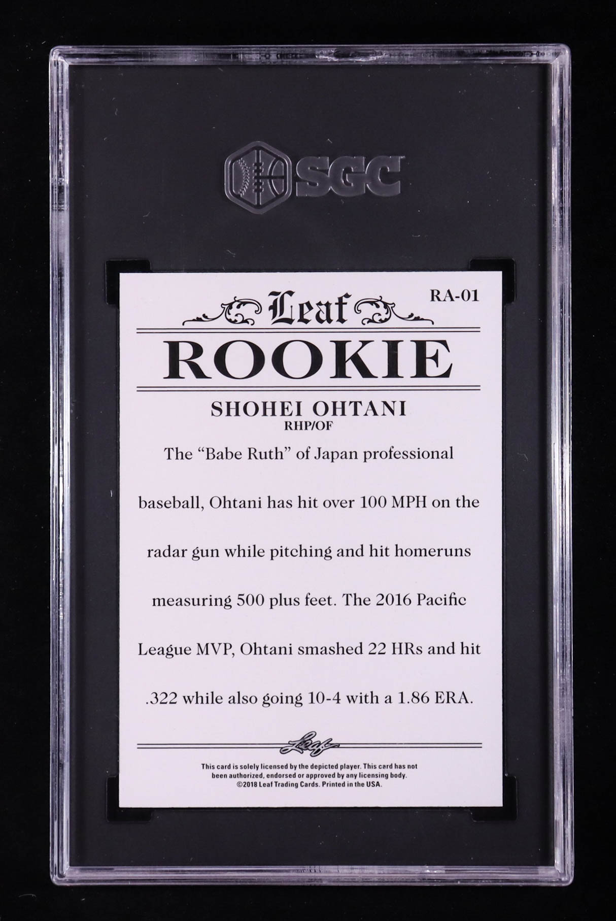 Shohei Ohtani 2018 Leaf Ohtani Rookie Achievement #RA01 RC (SGC 10) at PristineAuction.com Shohei Ohtani 2018 Leaf Ohtani Rookie Achievement #RA01 RC (SGC 10) at PristineAuction.com