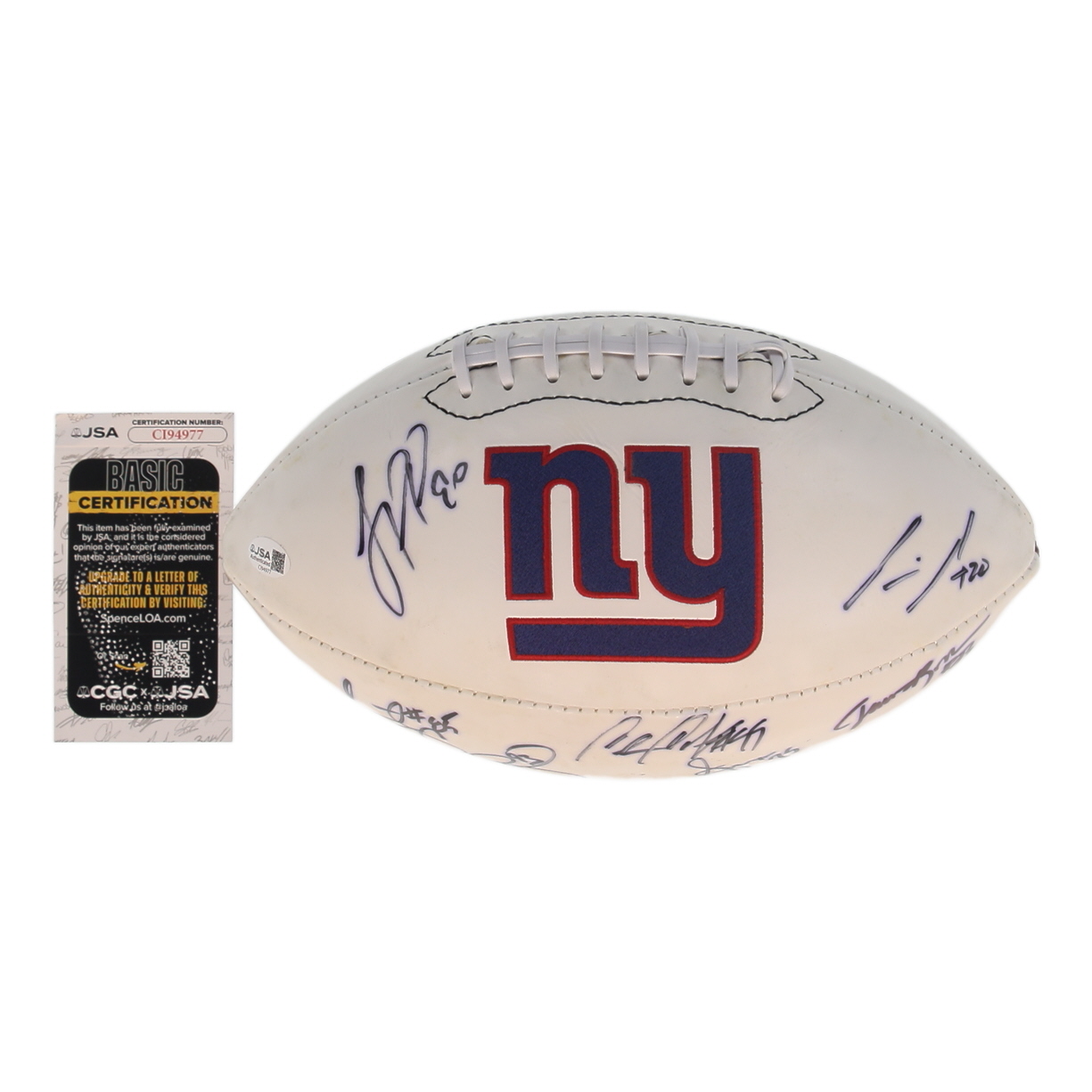 New York Giants Greats | Giants Logo Football Signed by (11) with Jason Pierre Paul, Lawrence Tynes, Chris Canty (JSA) at PristineAuction.com New York Giants Greats | Giants Logo Football Signed by (11) with Jason Pierre Paul, Lawrence Tynes, Chris Canty (JSA) at PristineAuction.com