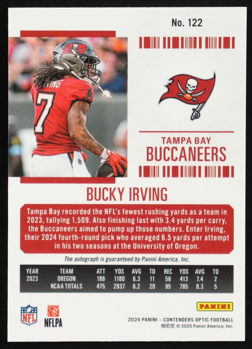 Bucky Irving 2024 Panini Contenders Optic #122 RC at PristineAuction.com Bucky Irving 2024 Panini Contenders Optic #122 RC at PristineAuction.com