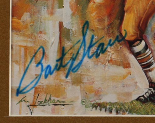 Bart Starr Signed Packers Custom Framed Art Print Display with Stat Plaque & (2) Pins (JSA) at PristineAuction.com Bart Starr Signed Packers Custom Framed Art Print Display with Stat Plaque & (2) Pins (JSA) at PristineAuction.com