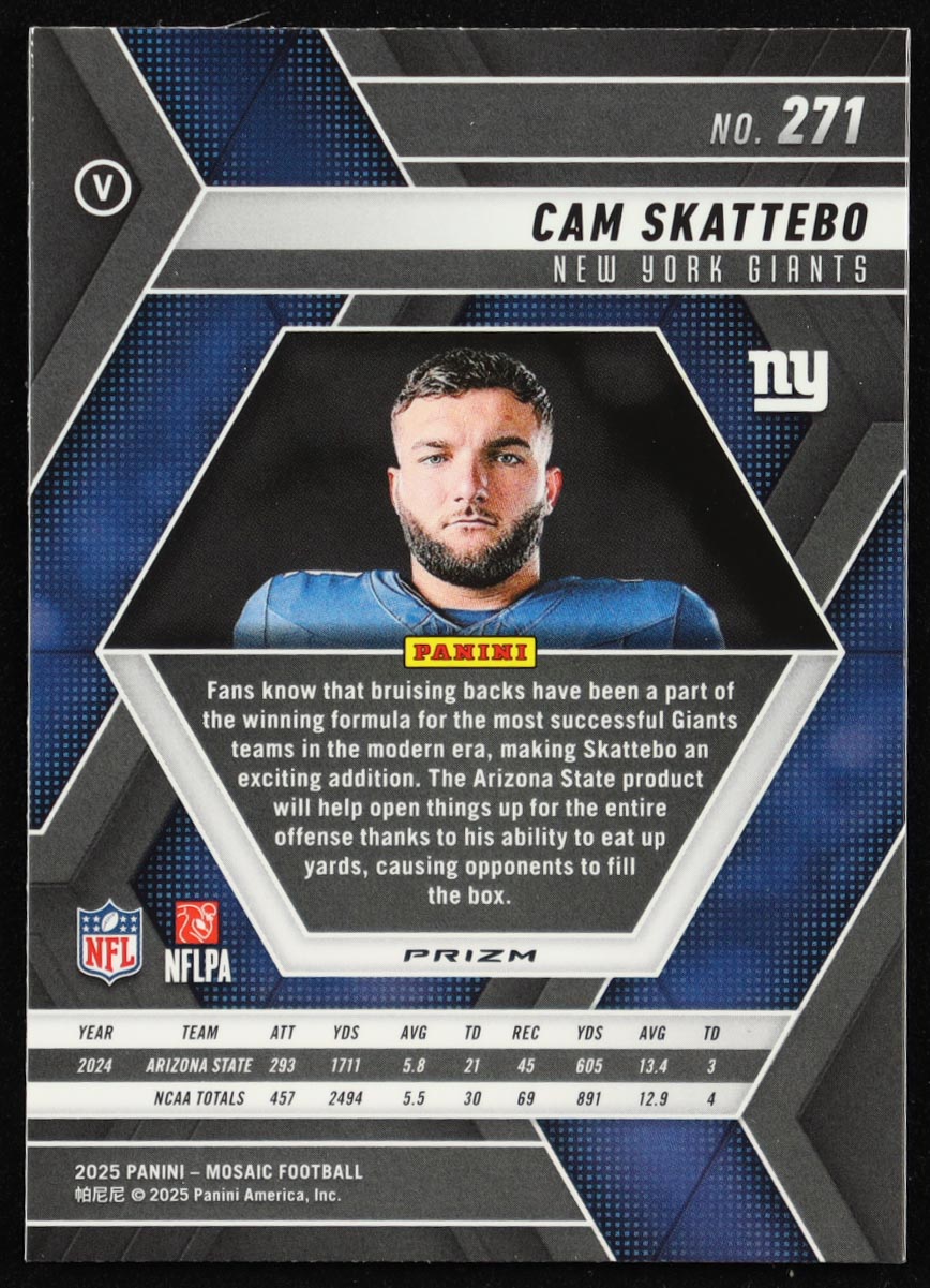 Cam Skattebo 2025 Panini Mosaic Silver #271 RC at PristineAuction.com Cam Skattebo 2025 Panini Mosaic Silver #271 RC at PristineAuction.com