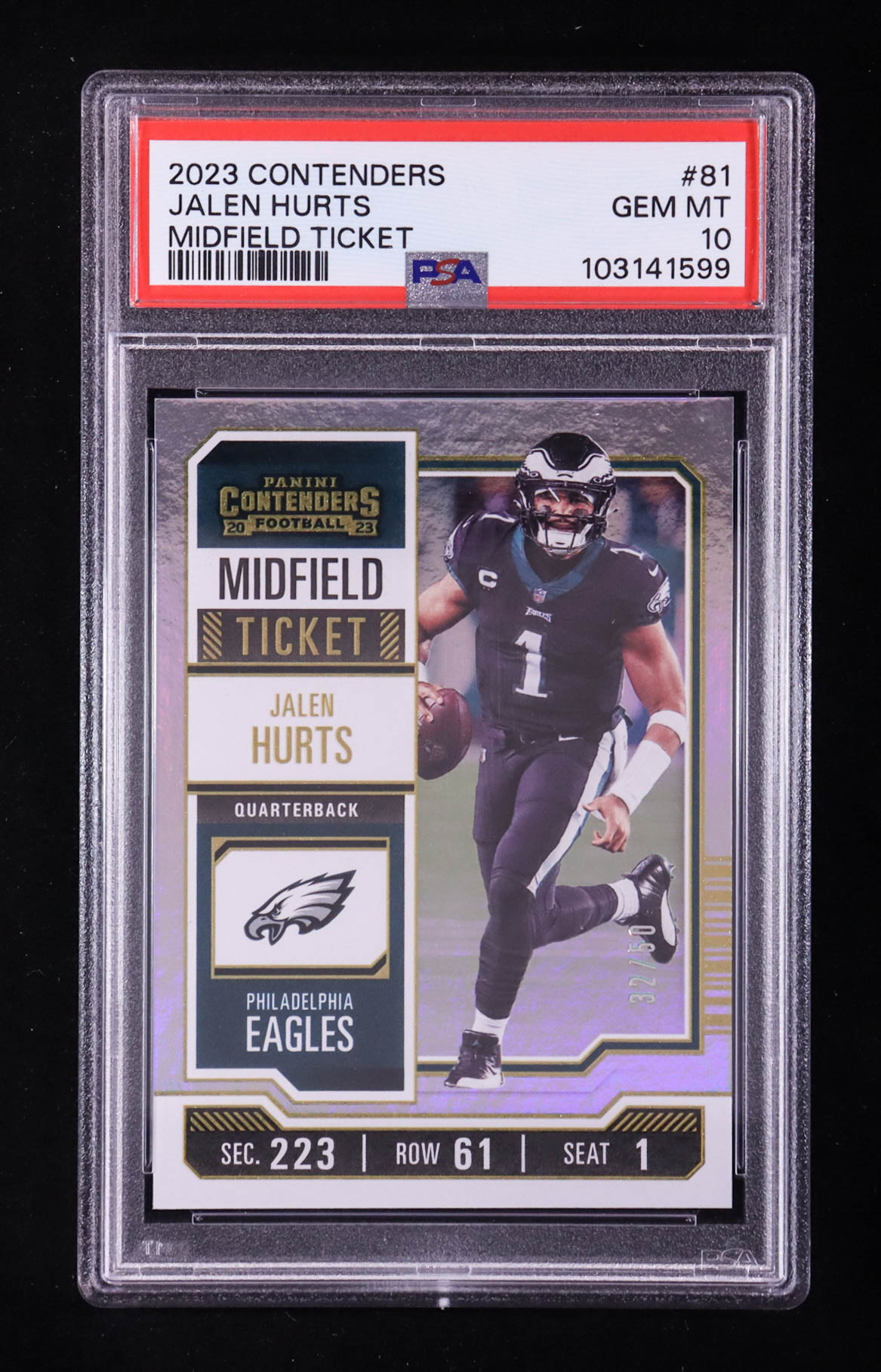 Jalen Hurts 2023 Panini Contenders Midfield Ticket #81 #32/50 (PSA 10) at PristineAuction.com Jalen Hurts 2023 Panini Contenders Midfield Ticket #81 #32/50 (PSA 10) at PristineAuction.com
