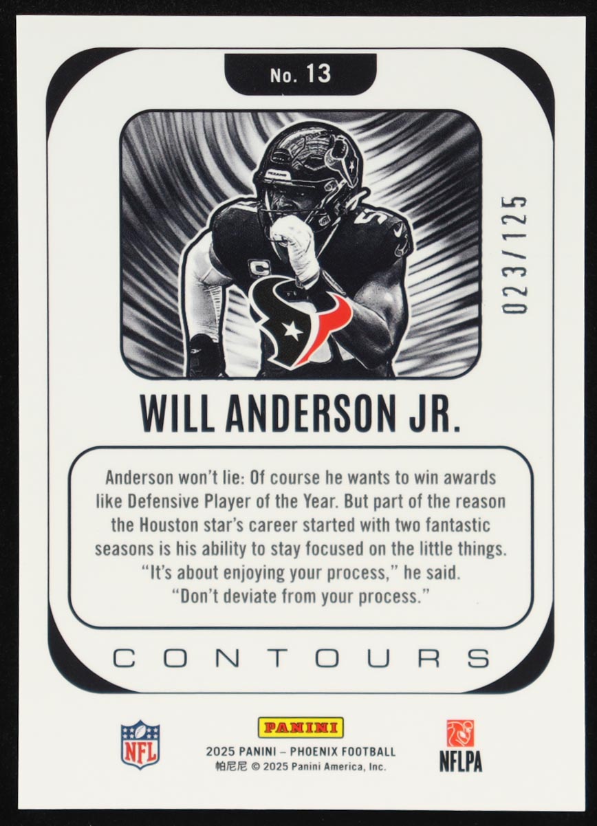 Will Anderson Jr. 2025 Panini Phoenix Contours Bronze Pandora #13 #023/125 at PristineAuction.com Will Anderson Jr. 2025 Panini Phoenix Contours Bronze Pandora #13 #023/125 at PristineAuction.com