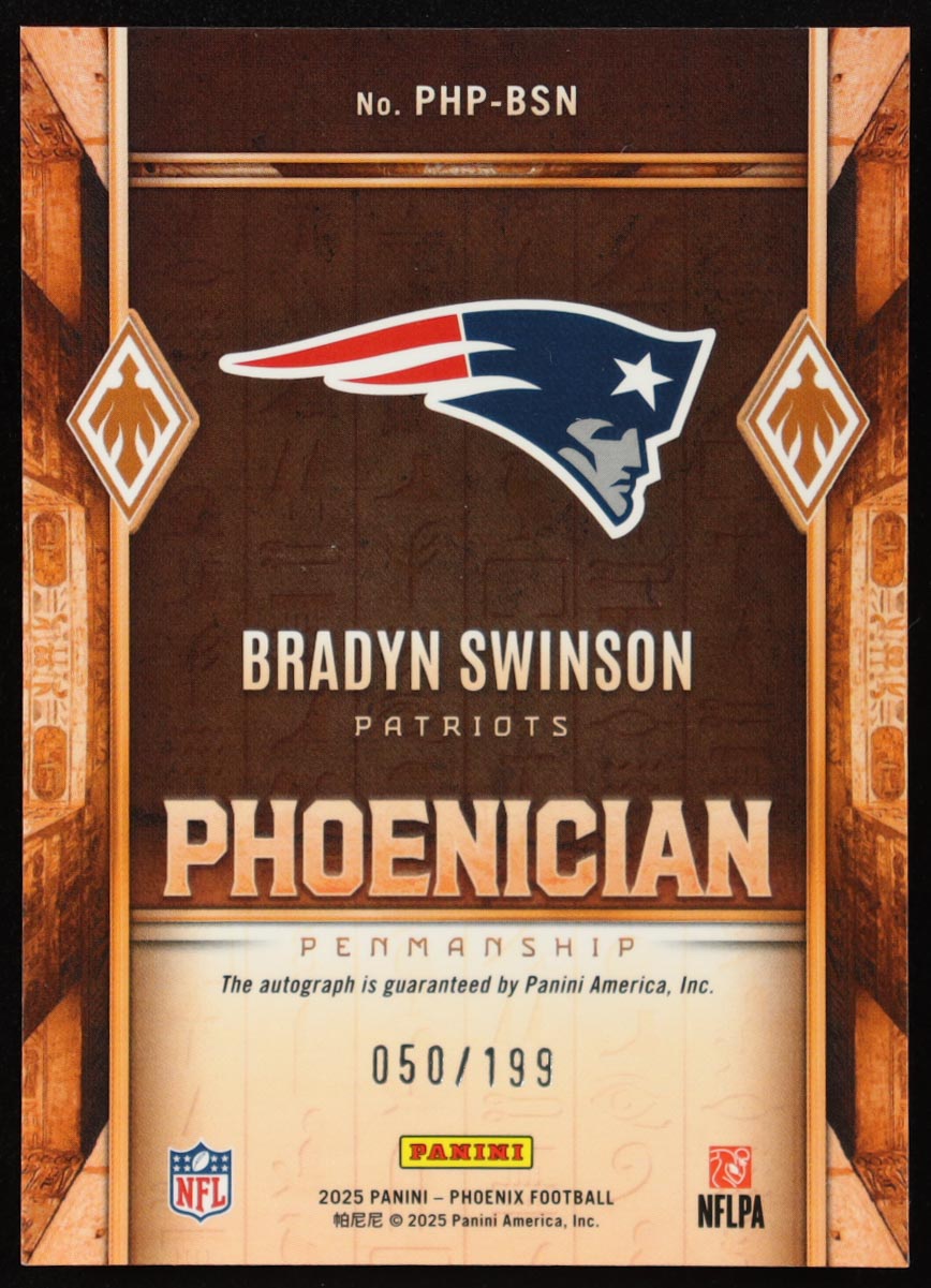 Bradyn Swinson 2025 Panini Phoenix Phoenician Penmanship Hyper #40 #050/199 RC at PristineAuction.com Bradyn Swinson 2025 Panini Phoenix Phoenician Penmanship Hyper #40 #050/199 RC at PristineAuction.com