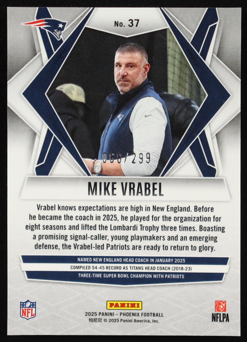 Mike Vrabel 2025 Panini Phoenix Pink Winter #37 #068/299 at PristineAuction.com Mike Vrabel 2025 Panini Phoenix Pink Winter #37 #068/299 at PristineAuction.com
