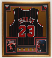 Michael Jordan Custom Framed Jersey Display With 1991, 1992, 1997 & 1998 Championship Pins at PristineAuction.com