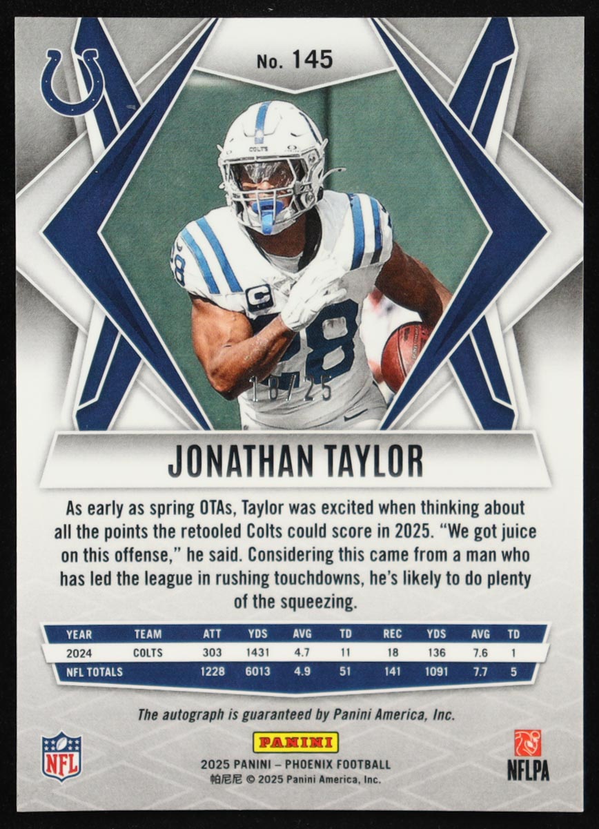 Jonathan Taylor 2025 Panini Phoenix Autographs Green #145 #18/25 at PristineAuction.com Jonathan Taylor 2025 Panini Phoenix Autographs Green #145 #18/25 at PristineAuction.com