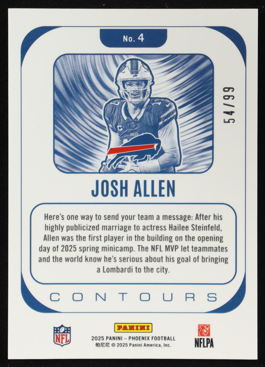 Josh Allen 2025 Panini Phoenix Contours Green #4 #54/99 at PristineAuction.com Josh Allen 2025 Panini Phoenix Contours Green #4 #54/99 at PristineAuction.com