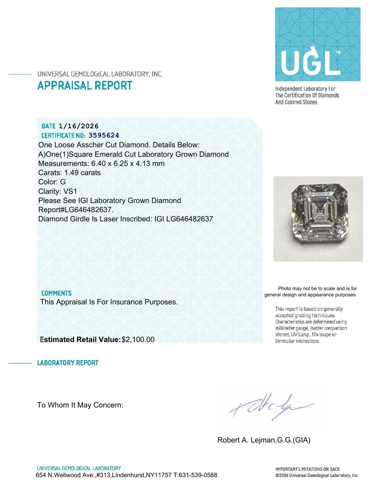 1.49 Carats Lab Grown Diamond Loose G, VS1 | Estimated Retail Value: $2,100 (UGL & IGI Certs) at PristineAuction.com 1.49 Carats Lab Grown Diamond Loose G, VS1 | Estimated Retail Value: $2,100 (UGL & IGI Certs) at PristineAuction.com