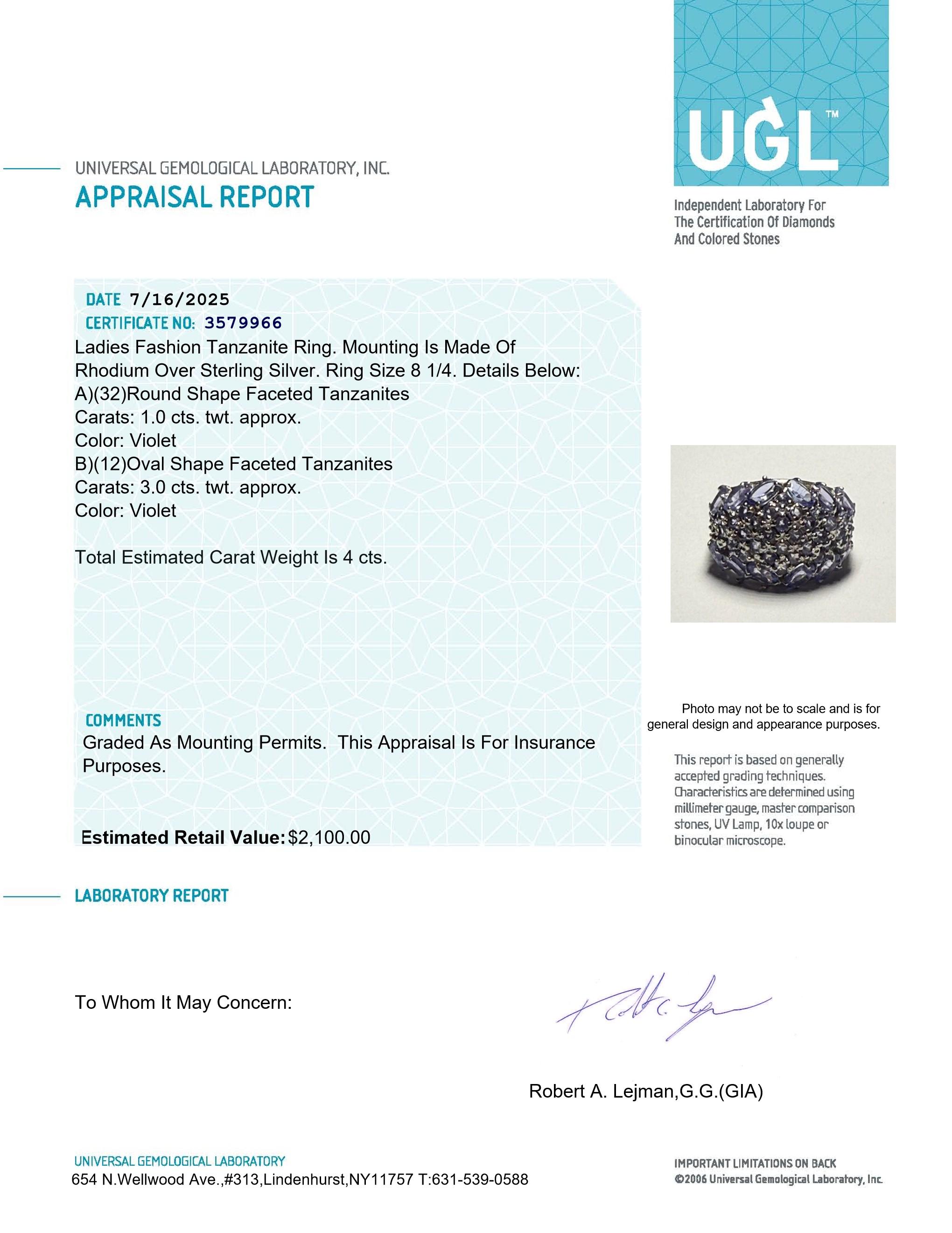 4.00 Carats Natural Tanzanite Ring | $2,100 Estimated Retail Value (UGL Cert) at PristineAuction.com 4.00 Carats Natural Tanzanite Ring | $2,100 Estimated Retail Value (UGL Cert) at PristineAuction.com