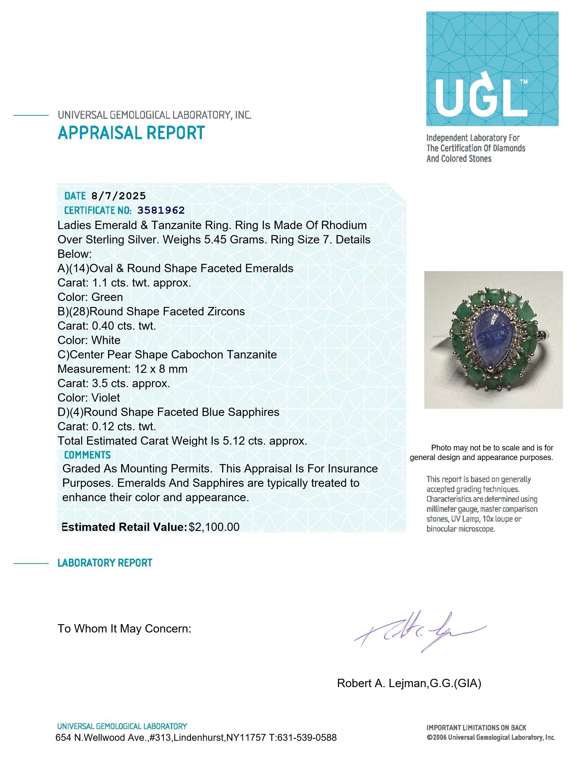 5.12 Carats Natural Tanzanite & Emerald Ring | $2,100 Estimated Retail Value (UGL Cert) at PristineAuction.com 5.12 Carats Natural Tanzanite & Emerald Ring | $2,100 Estimated Retail Value (UGL Cert) at PristineAuction.com